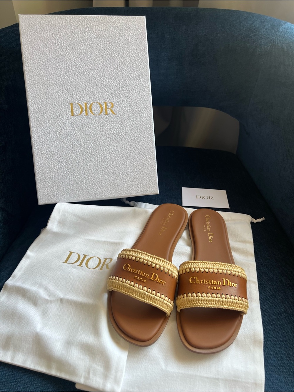 Authentic Dior Tan Leather Slide Sandals with Gold Trim